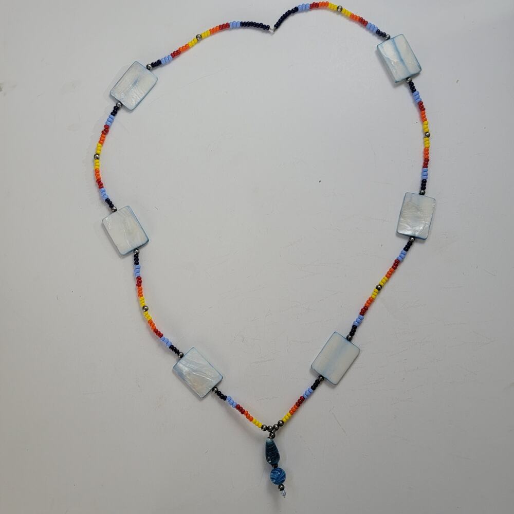 Handmade Rainbow Beaded Necklace with Blue Glass Accents Colorful Boho Jewelry